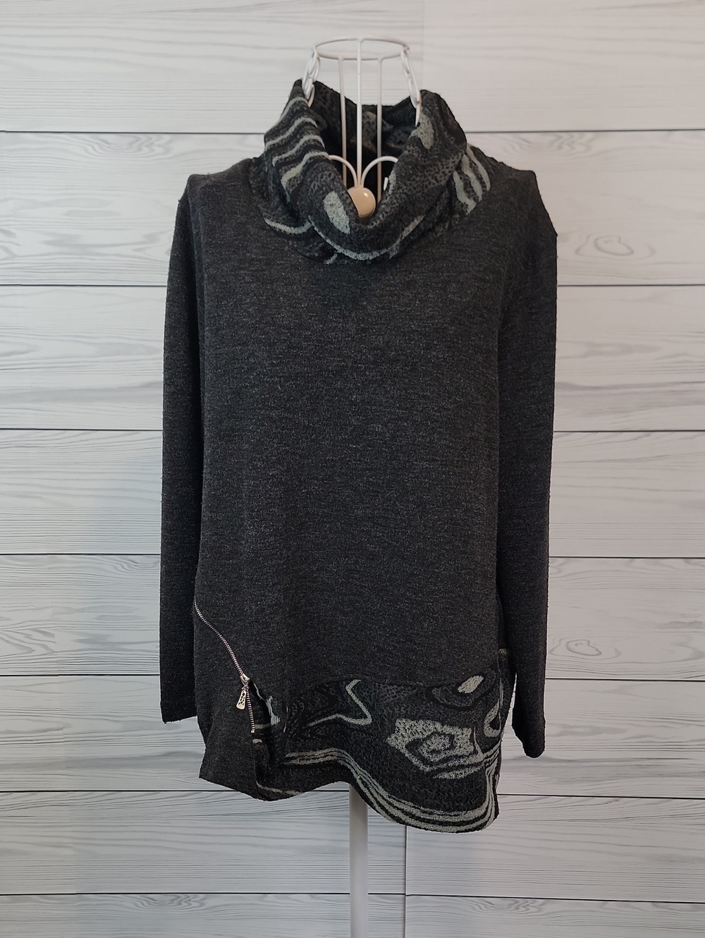 Coco + Carmen Charcoal Cowl Neck Sweater with Patterned Hem Womens Size M